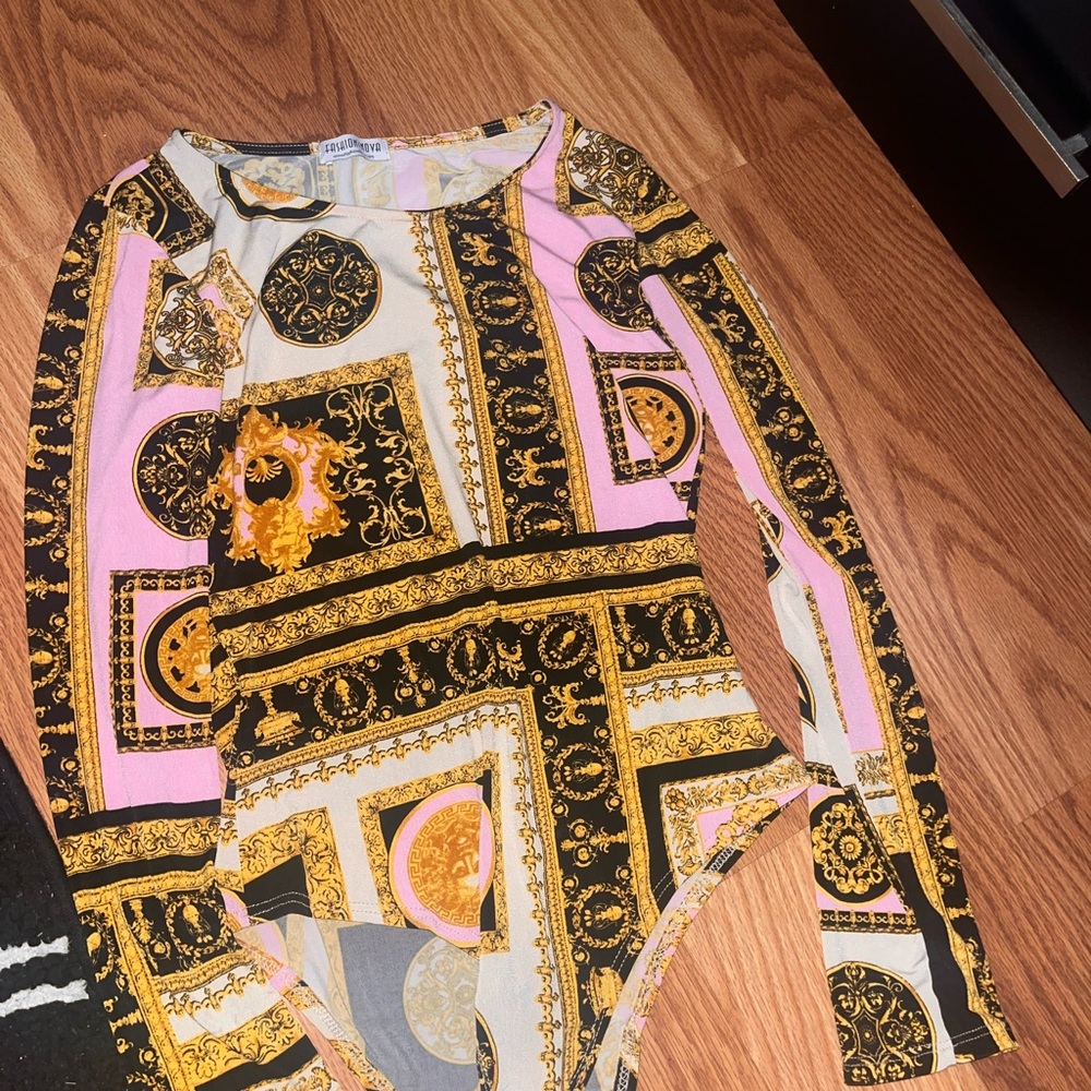 COPY - Fashion Nova Versace Inspired Patterned Bodysuit - Black, Gold, Pink